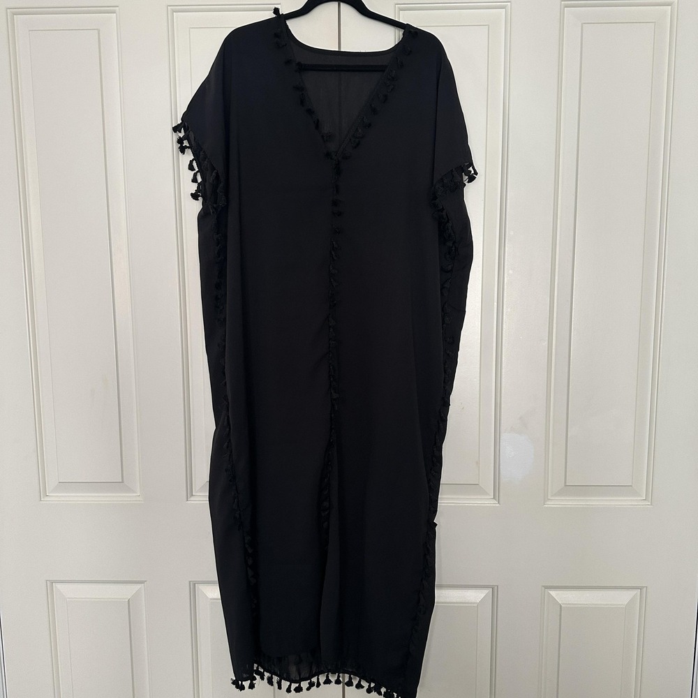 Black Tassel Kaftan‎ Cover Up Womens One Size Sheer V Neck Swim Tunic Beach